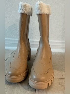 Cape Robbin Tan Platform Lace-Up Boots with Faux Shearling Cuff